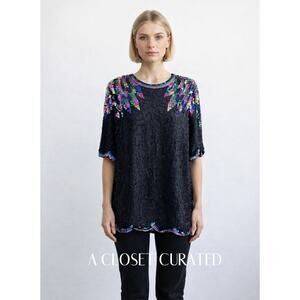 Vintage 1980s Jewel Queen Silk Beaded Blouse Black Multi